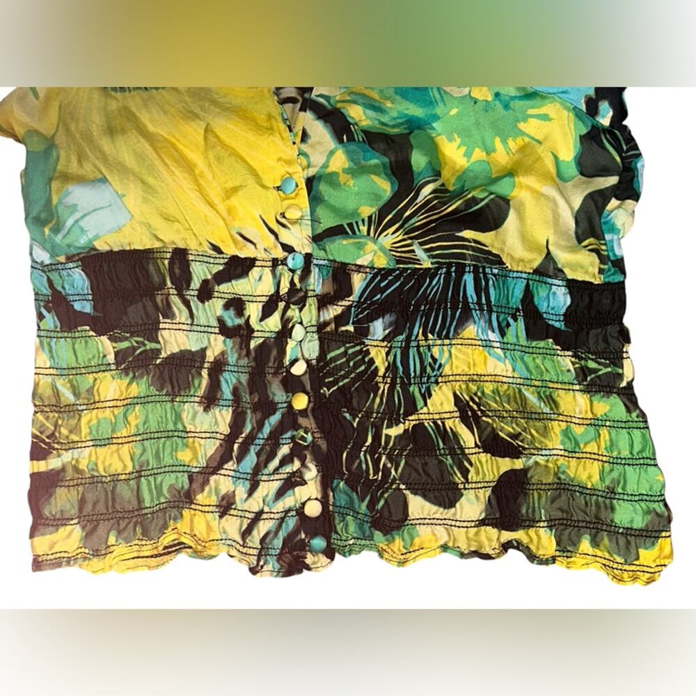 Cache Tropical Animal Print Smocked Blouse | Women Size M | Green, Yellow, Black - Picture 4 of 4